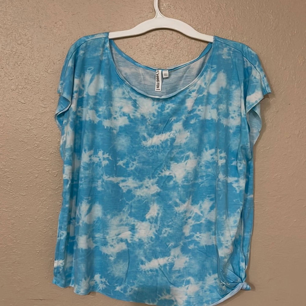 Light blue and white tie dye off shoulder shirt. Size large
